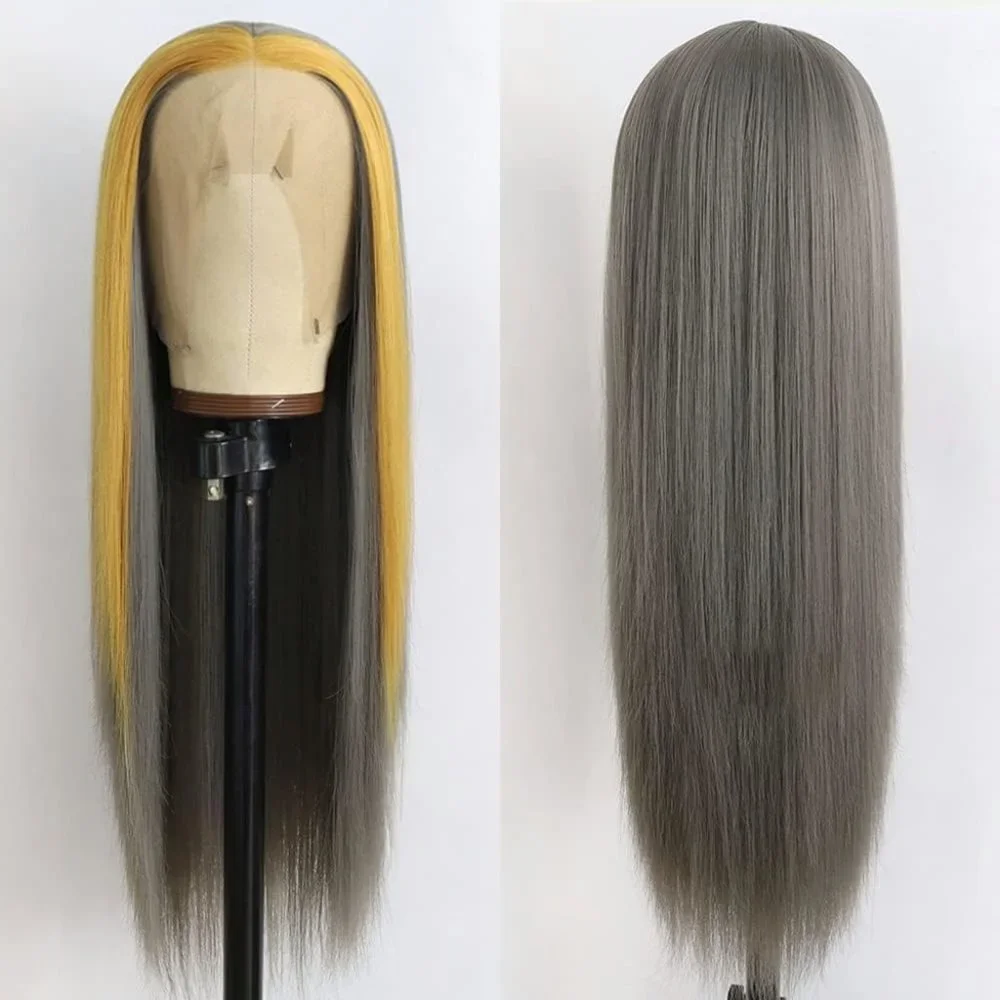 Grey Wig Yellow Streak Lace Front Wigs